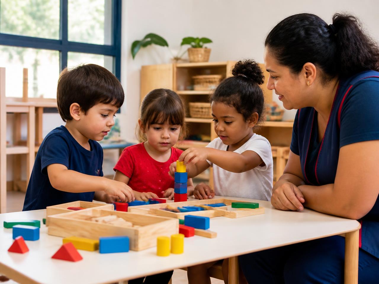 Educadora acompanha crianças em atividade de construção